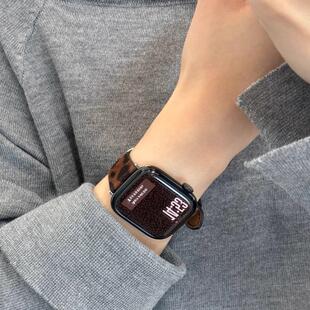 适用苹果Applewatch10s9s87秋冬豹纹小羊皮创意表带SE21高级感女