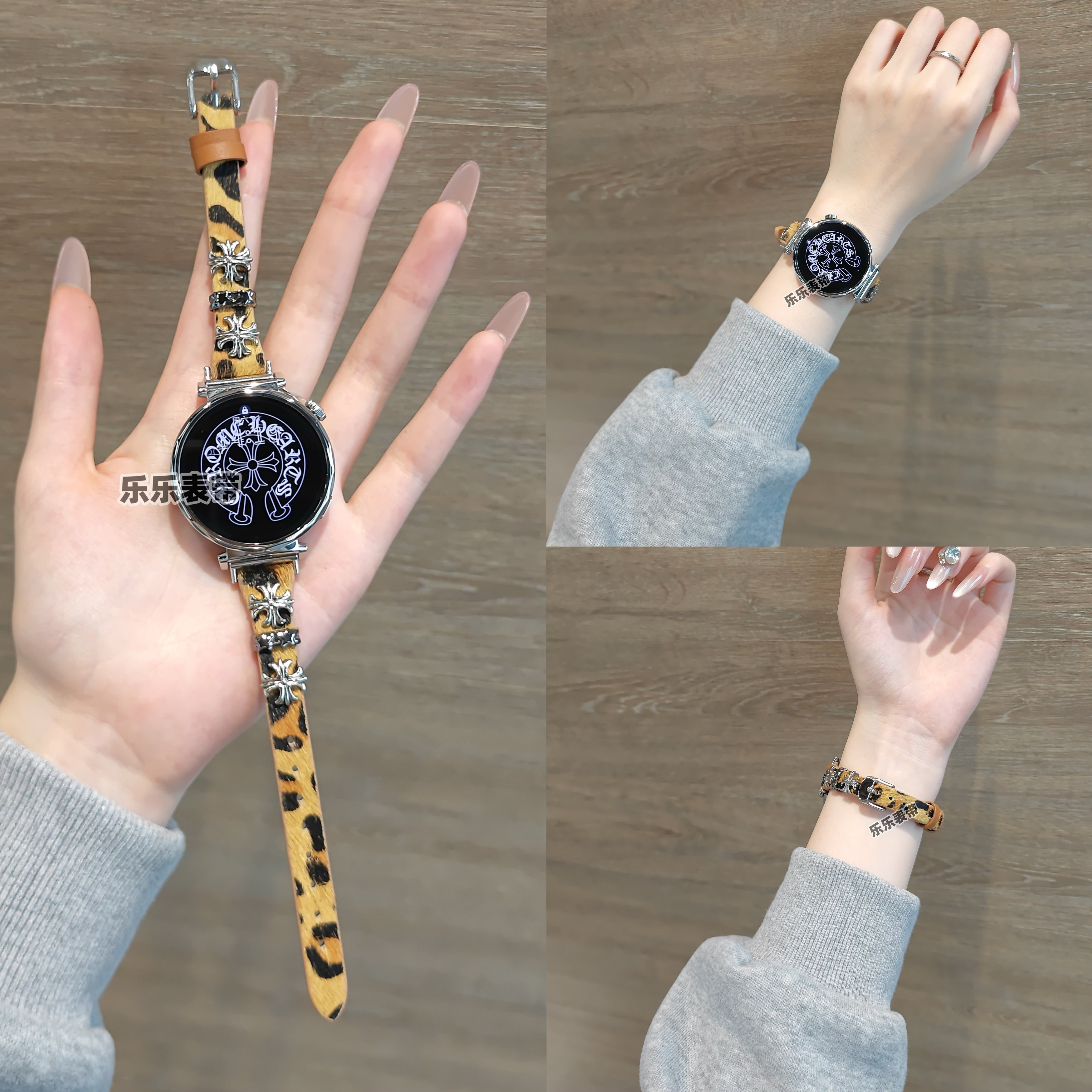 适用华为细边豹纹十字铆钉皮质手表表带watch4watch5GT4GT5GT6pro