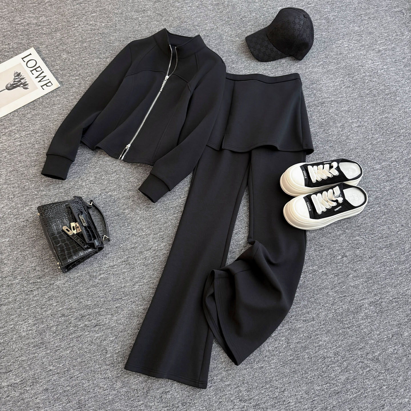 韩版休闲运动套装女秋季新款立领卫衣修身假两件微喇长裤两件套潮