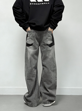 做旧水洗阔腿牛仔裤男女款复古文字印花弯刀裤高街oversize牛仔裤