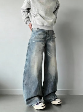 美式复古破洞做旧弯刀裤阔腿牛仔裤宽松显瘦长裤潮流高街风男女款