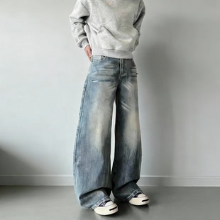 潮流高街风男女款 美式 宽松显瘦长裤 阔腿牛仔裤 复古破洞做旧弯刀裤