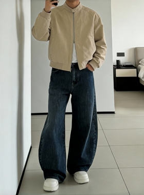 经典弯刀廓形复古牛仔裤男女可穿高腰宽松做旧牛仔阔腿裤休闲裤子