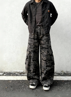 美式阔腿迷彩弯刀工装裤 立体大口袋高街做旧宽松休闲裤男女可穿