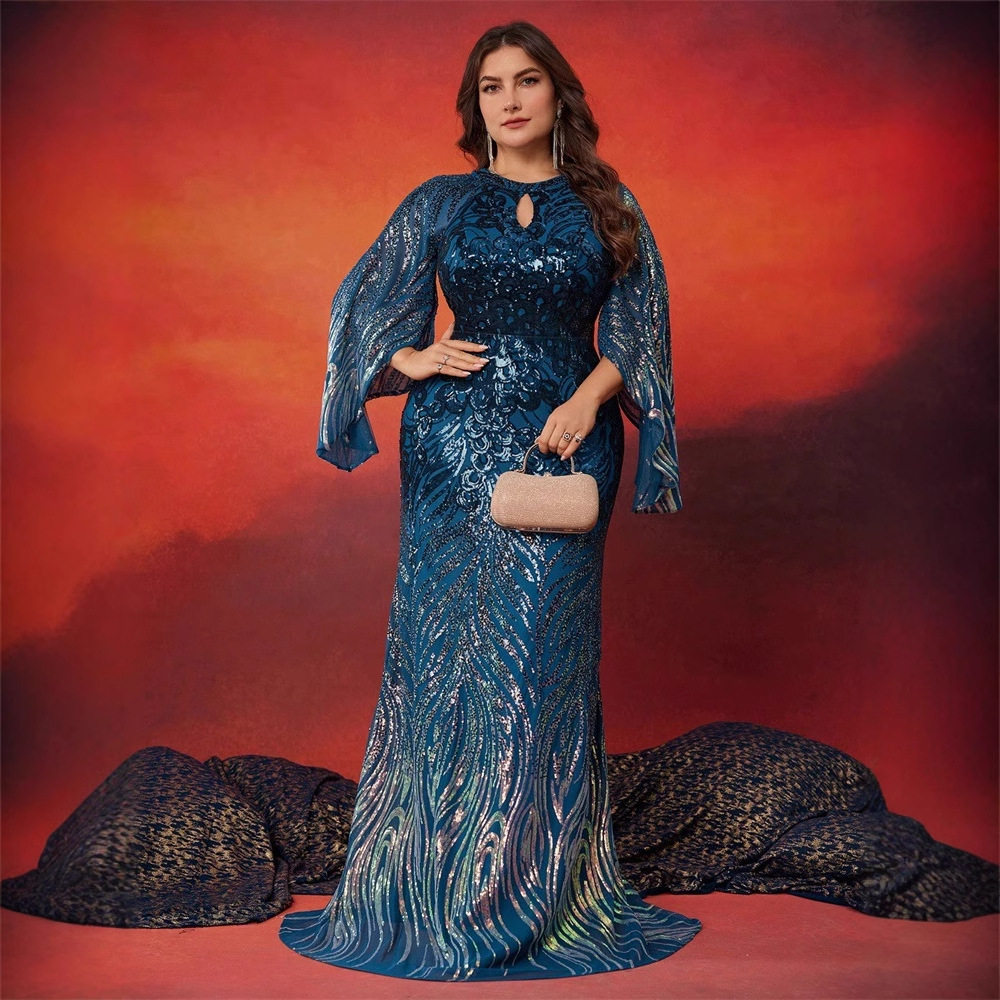 跨境大码肥婆装弹力渐变珠片圆领长袖开叉袖气质酒会晚宴礼服裙子