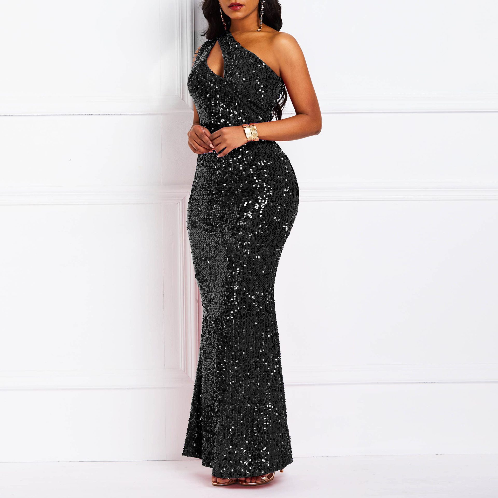 欧美时尚单肩纯色露背鱼尾亮片连衣裙晚礼服 evening party dress
