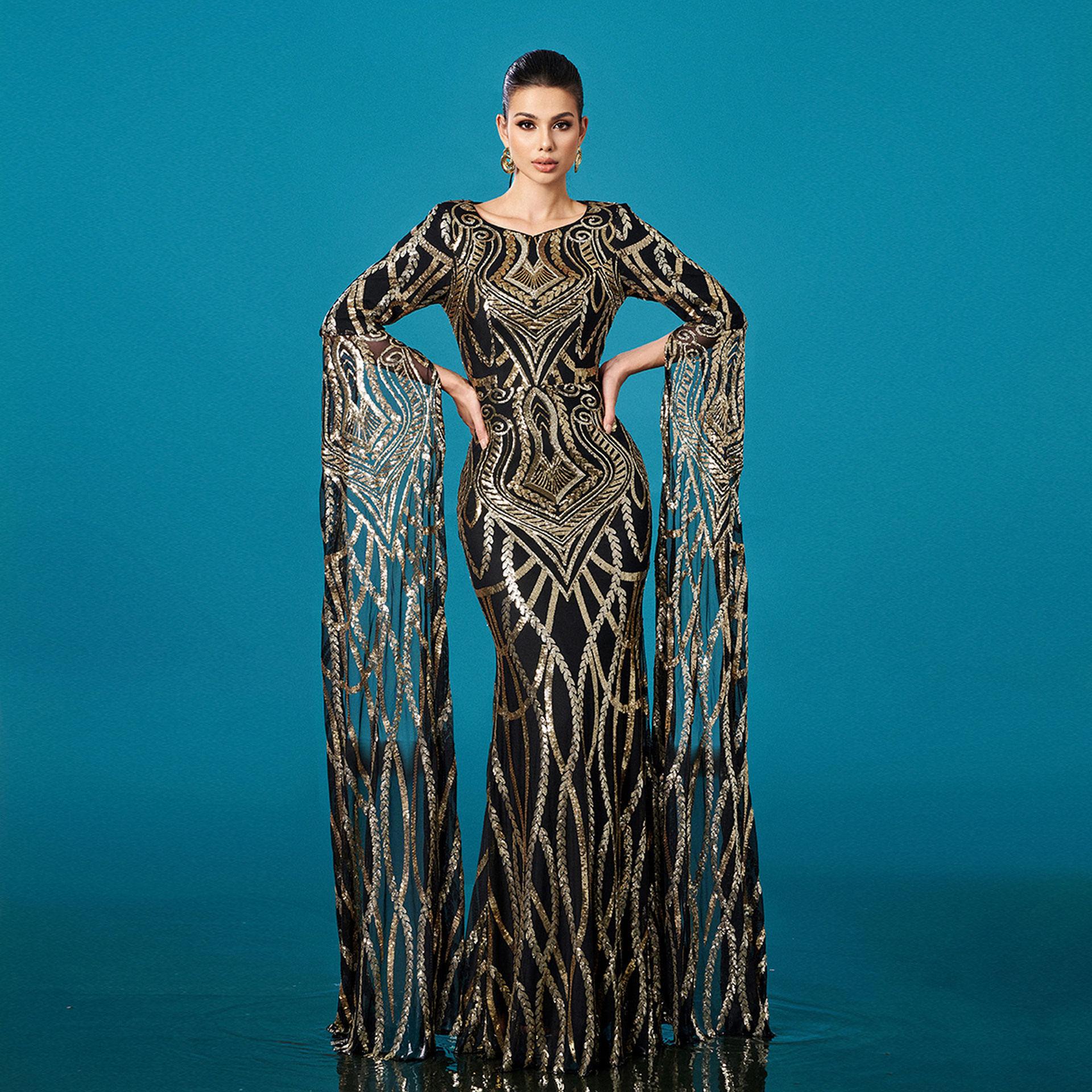 跨境欧美女装长袖宴会晚礼服连衣裙子 Sequin Evening Dress gown