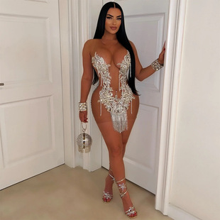 sexy 短裙 dress 无袖 欧美风短裙礼服透视流苏连衣裙性感包臀修身