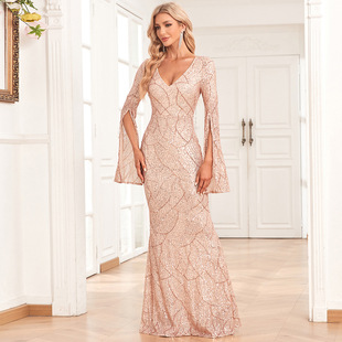 主持人礼服长款连衣裙正式派对晚礼服美人鱼亮闪闪晚礼服女长袖裙