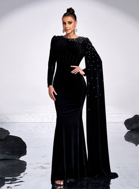 evening party dress long women dress black 欧美风长款礼服裙