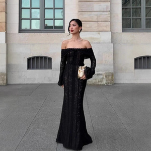 欧美跨境蕾丝镂空一字肩喇叭袖包臀连衣裙优雅性感抹胸收腰晚礼服
