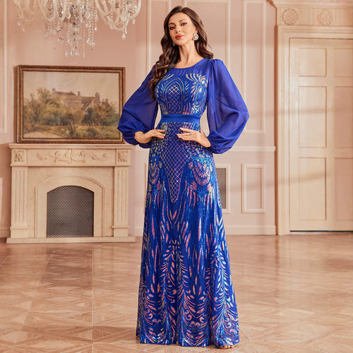 外贸礼服长裙蓝色亮片聚会派对婚礼裙 wedding dress party dress