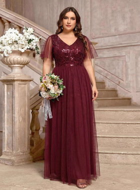 大码优雅亮片伴娘礼服长裙 plus size dress birthday sexy dress