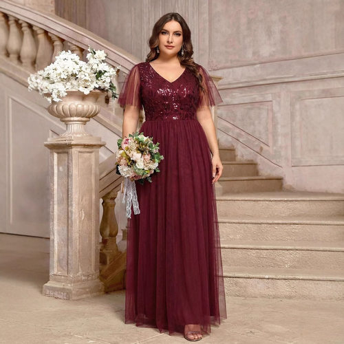 大码优雅亮片伴娘礼服长裙 plus size dress birthday sexy dress