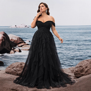 欧美大码肥婆装优雅露肩气质酒会晚宴礼服奢华伴娘毕业礼服舞会裙