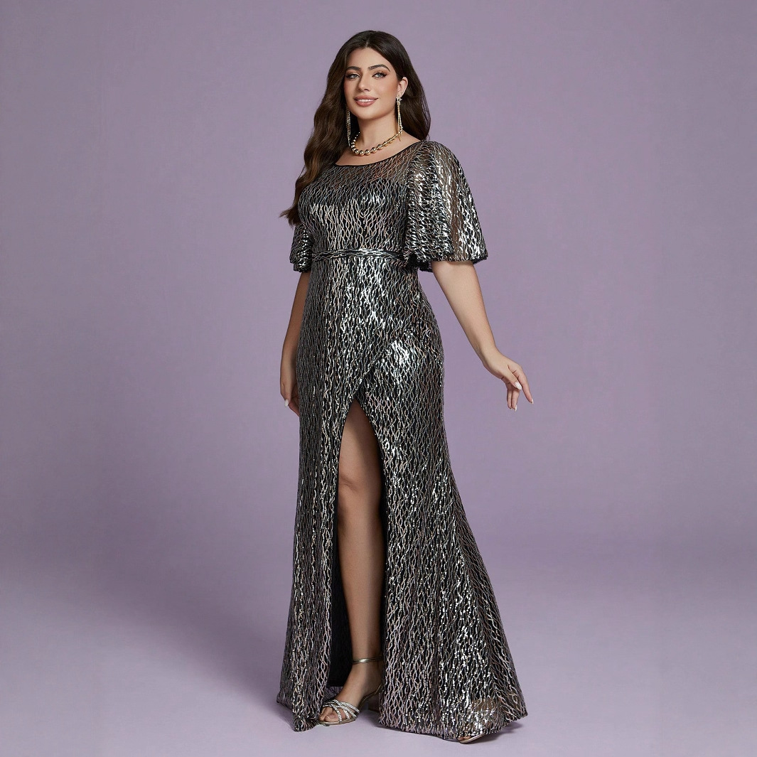 新款气质晚礼服大码长款条纹亮片欧美礼服舞会成人礼服生日婚礼裙