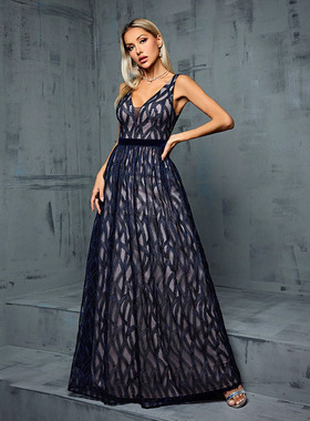 跨境礼服新款连衣裙无袖V领长款连衣裙亚马逊 evening gwon dress