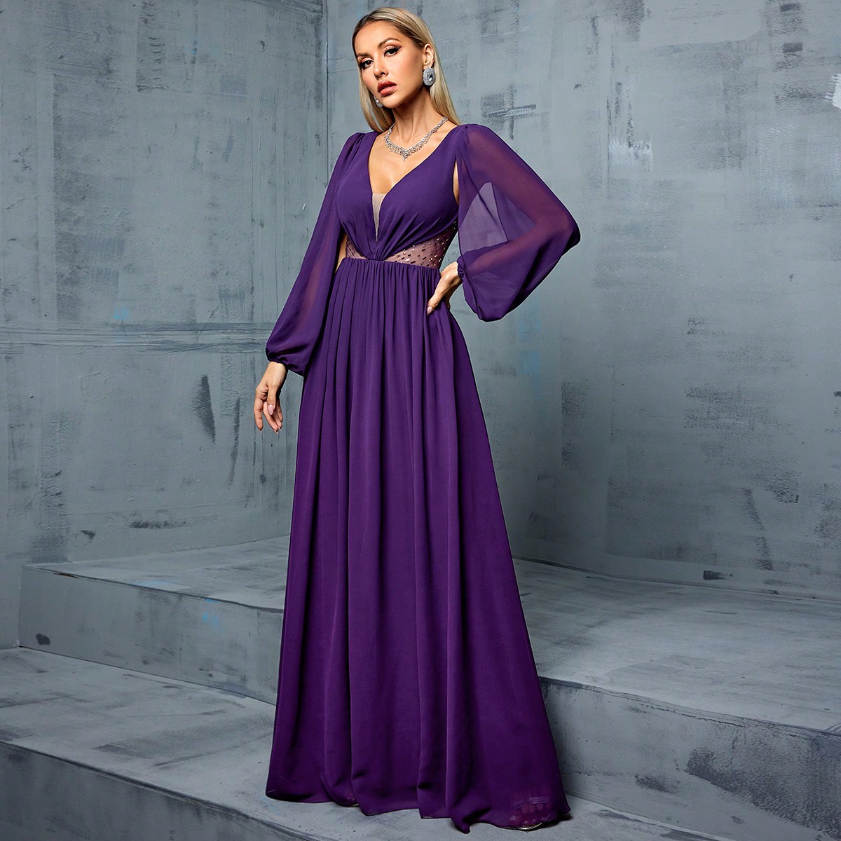 紫色礼服女新款法式雪纺长裙 maxi dress women gown long dress