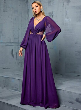 紫色礼服女新款法式雪纺长裙 maxi dress women gown long dress