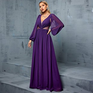 maxi 雪纺长裙 dress women long 紫色礼服女新款 gown 法式