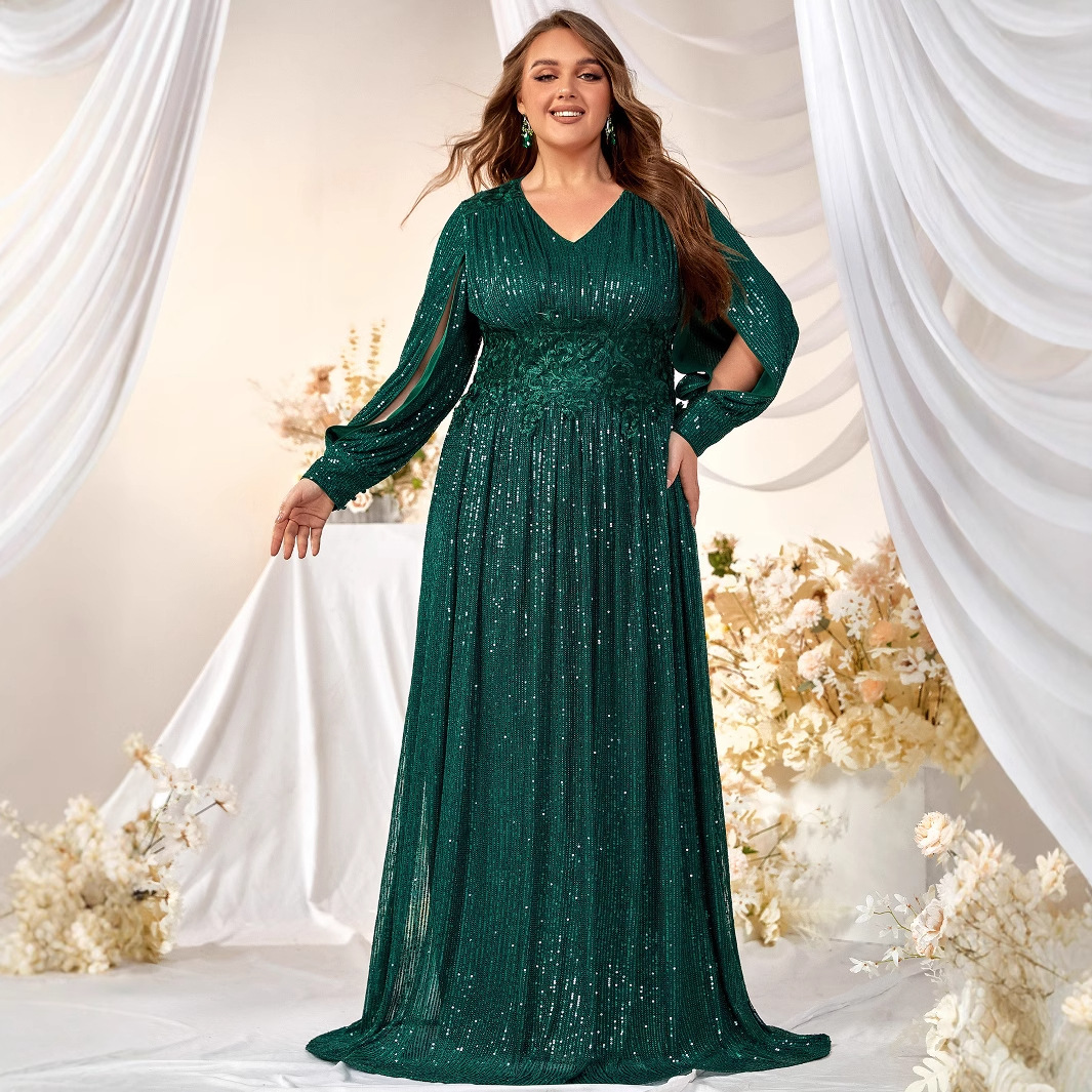 热卖款大码晚礼服 亮片V领开叉长袖舞会晚礼服拖地长裙-FMGN313