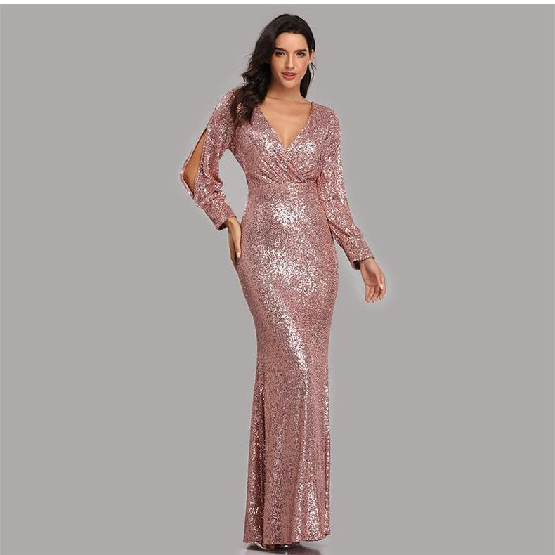 欧美晚礼服新款连衣裙大码长袖V领 plus size party dresses gown