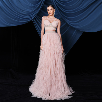 evening party dress 跨境欧美气质性感长款网纱大摆宴会套装礼服
