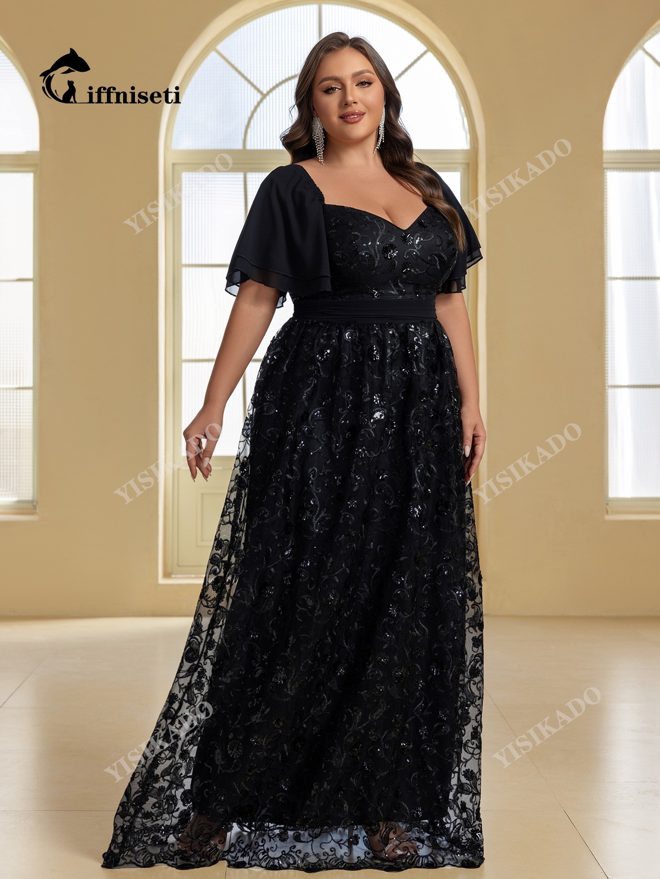 大码晚礼服裙女2025新款黑色亮片刺绣连衣裙胖mm主持人年会礼服裙