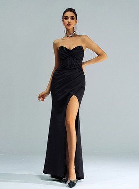 Sleeveless sexy V-neck long strapless dress maix party gown