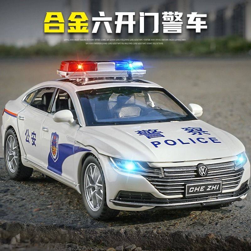 六开门1:32大众CC警车仿真合金公安警察回力声光儿童玩具男孩礼物
