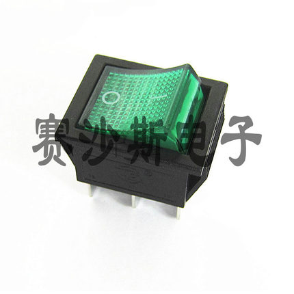 KCD4船型开关 翘板电源按钮 2档6脚绿色带灯 16A 250V 31x25mm