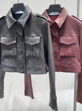 王子文陈丽君绵羊皮真皮PEACH IRO2026新款黑色皮衣短款酷飒