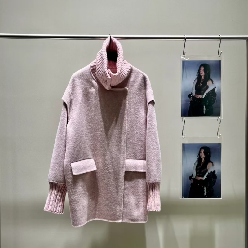 IRO翻领罗纹斜襟绵羊毛毛呢外套