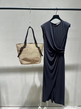 PEACH IRO2026新款无袖连衣裙纯色圆领捏褶开叉不规则法式女