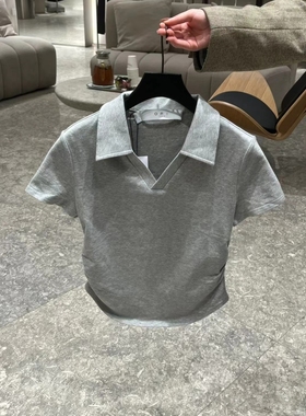 PEACH IRO2026新款修身有领短袖T恤小V领抽绳下摆法式轻奢女