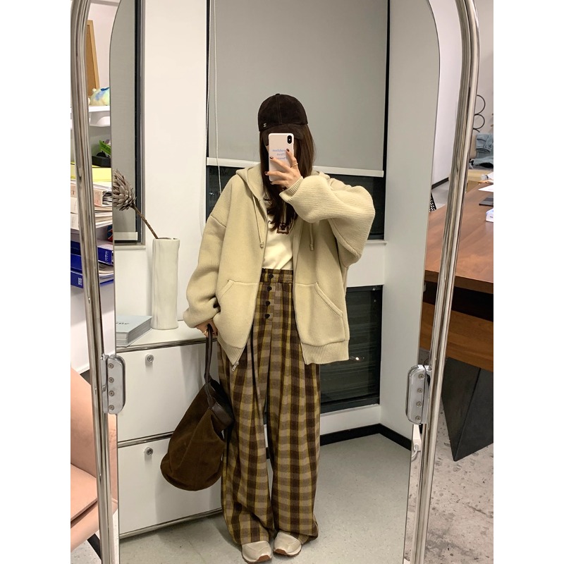 Free out休闲套装 宽松连帽拉链针织卫衣/羊毛呢格纹直筒裤