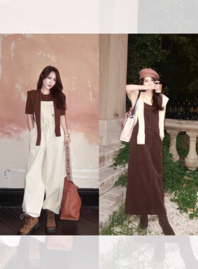 自在daily 背带装系列 水洗灯芯绒复古减龄刺绣收腰背带裤/背带裙