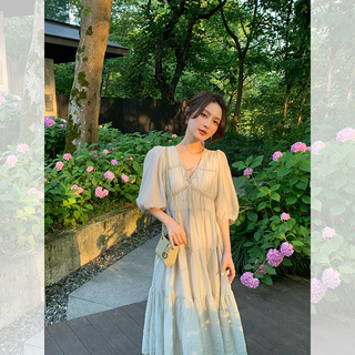 月光奏鸣-松弛感连衣裙女 定制女装醋酸天丝宽松遮肉v领泡泡袖裙