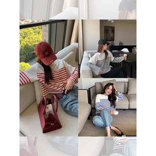 纯棉针织 宽松落肩休闲通勤大圆领条纹T恤上衣 穿不腻 極简线条T