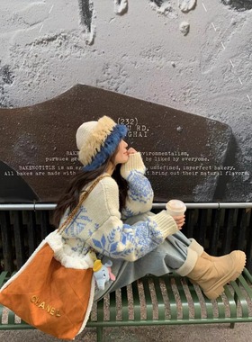 Snowy day 北欧雪花毛衣 圣诞氛围 慵懒风加厚宽松落肩提花上衣