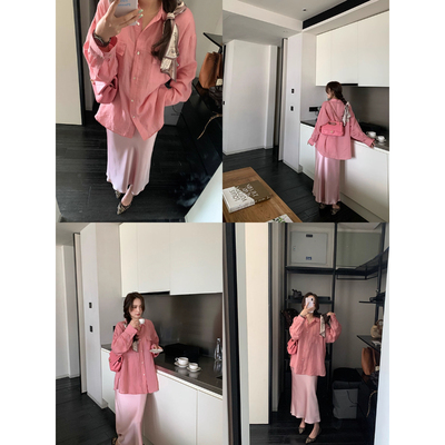 松弛轻都市 chill感套组 全苎麻宽松衬衫上衣/珠光醋酸缎半裙