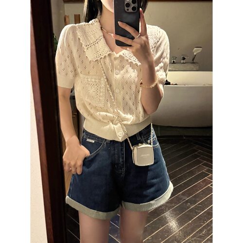 CE学院风女套装 定制针织亚麻 翻领镂空短袖针织衫/连衣裙送吊带