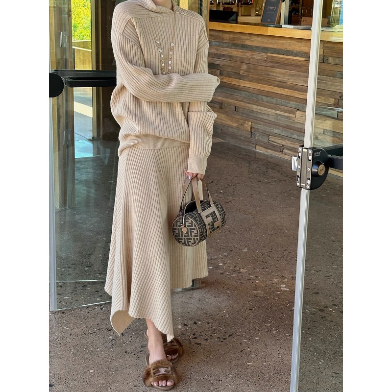 高定毛衣套装 100羊毛 进口斯托尔7针 不对称领羊毛衫/解构半裙