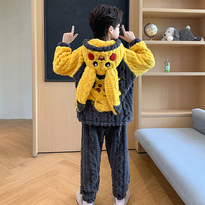冬季男孩保暖家居服加厚儿童睡衣法兰绒女童套装珊瑚绒皮卡丘可爱