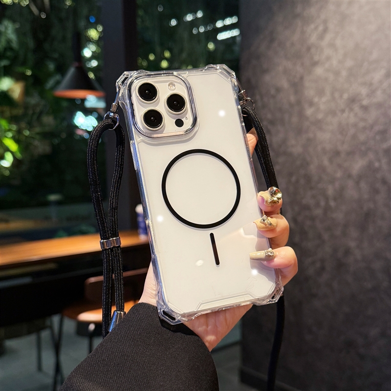 透明防摔带挂绳适用苹果16promax手机壳iPhone14plus简约斜挎15pro小众磁吸ip12高级感16e四孔外壳2025新款13