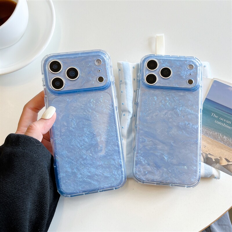 新款适用苹果18promax手机壳韩系ins透明浅蓝iphone17pro高级感小众巨好看16p超火贝母15全包镜头防摔max女生