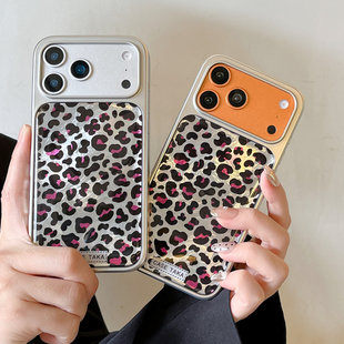 ins韩风玫红黑色豹纹适用苹果17promax手机壳iphone16pro新款15银边滴胶14高级感13女17全包防摔保护套pm个性