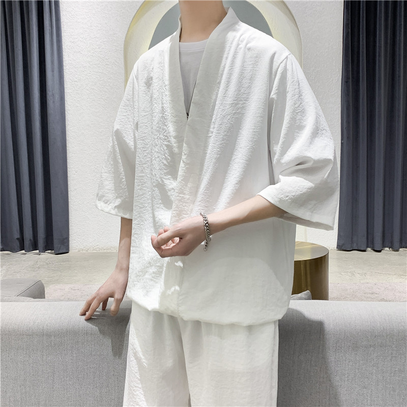 TZ01-P65   夏季男士V领短袖七分袖T恤运动套装大码短裤冰丝透气图片