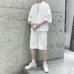 TZ01-P65   夏季男士V领短袖七分袖T恤运动套装大码短裤冰丝透气图片