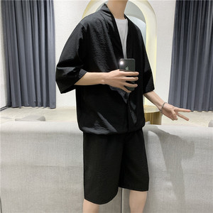 TZ01-P65   夏季男士V领短袖七分袖T恤运动套装大码短裤冰丝透气图片